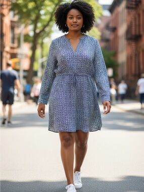 LOFT Blue White Geometric Mosaic V-Neck Drawstring Waist Shirt Dress | L